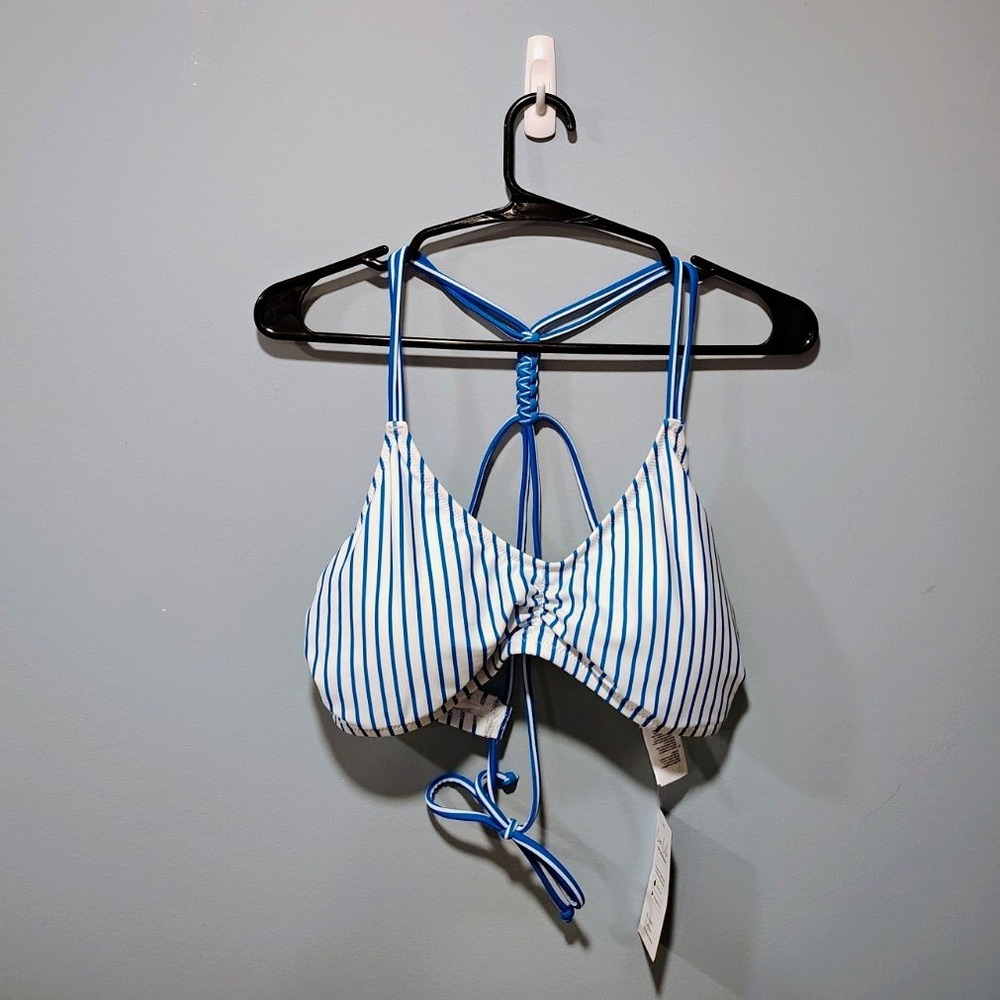 Womens Blue White Striped Braided T-Back Bikini Top Swimsuit Large NEW